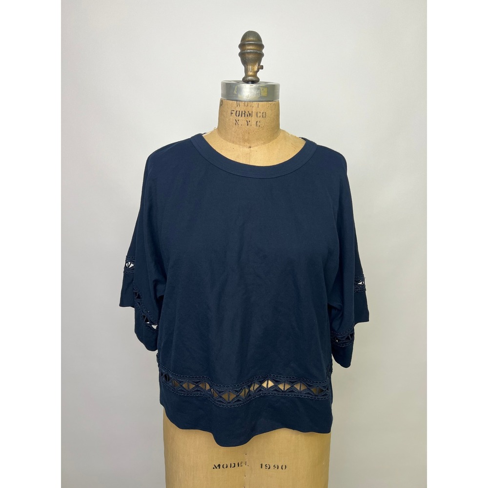 Club Monaco Womens Navy Blue Crochet Lace Cutout Knit Top Boxy Crew Neck Shirt